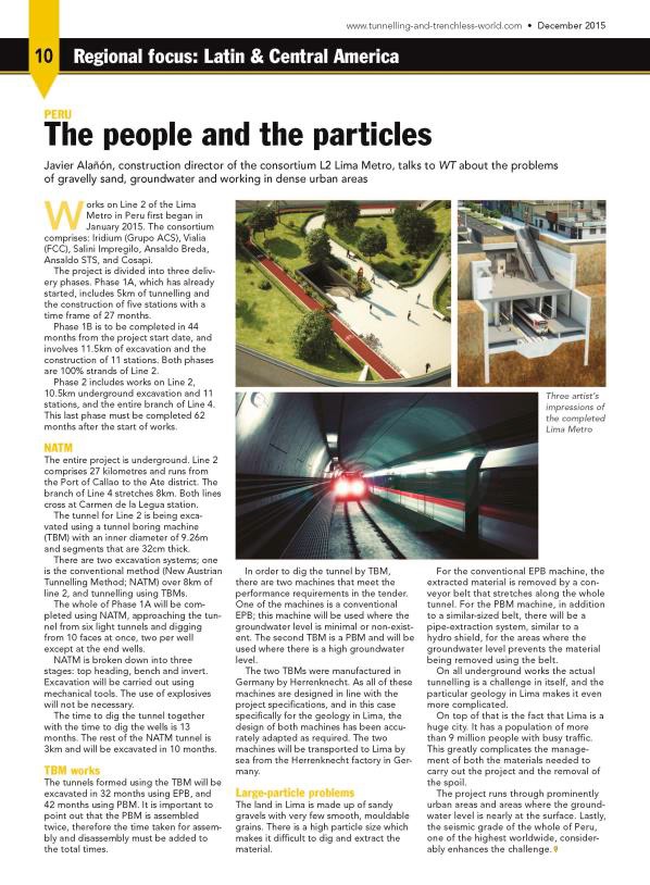 World Tunnelling publishes an article on the FCC-built Lima Metro in Peru