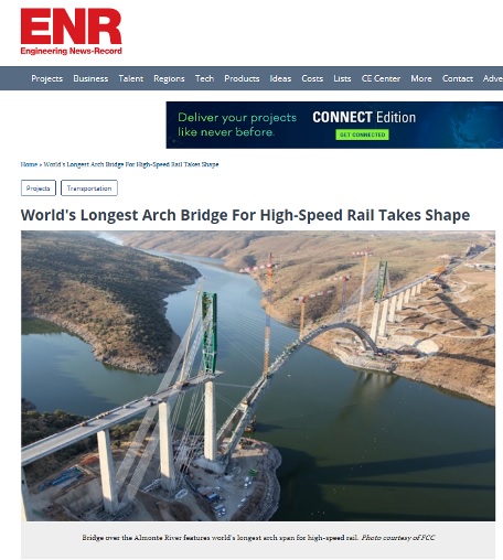 The ENR magazine publishes an article on the world's longest railway arch bridge span, constructed by FCC in Caceres.